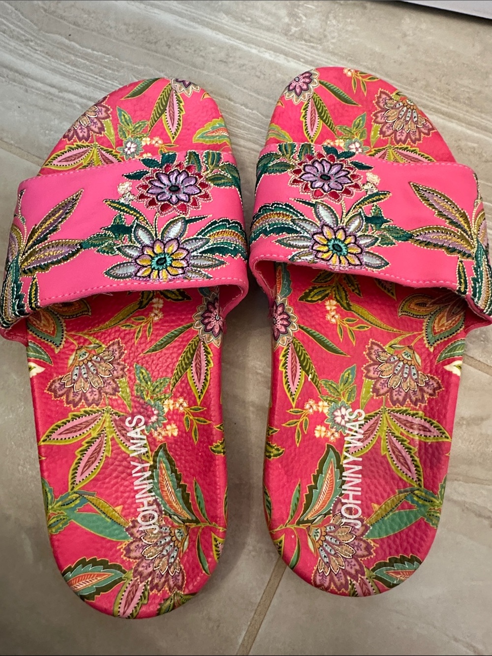 Johnny Was Hot Pink Embroidered Floral Slide Sandals
